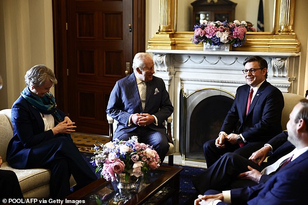UK Foreign Secretary Yvette Cooper (left), King Charles (centre) and US Speaker of the House Mike Johnson