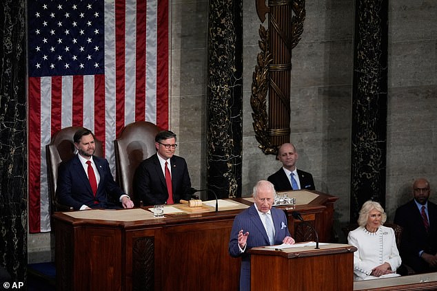 King Charles, pictured with Queen Camilla, JD Vance and Mike Johnson, described the relationship with the UK and US  as 'more important today than it has ever been'
