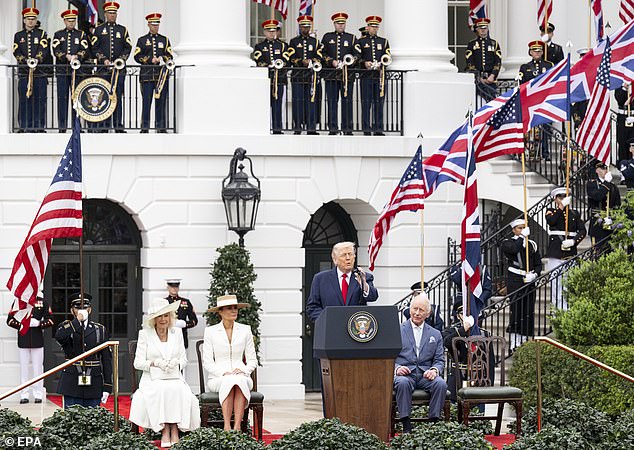 President Donald Trump speaks during the welcome ceremony for King Charles III on the South Lawn of the White House