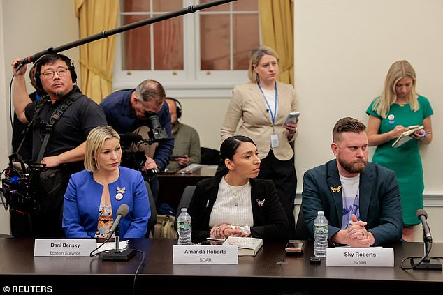 Dani Bensky, a survivor of Jeffrey Epstein, Virginia Giuffre's sister-in-law Amanda Roberts, and Giuffre's brother Sky Roberts attend a roundtable discussion with survivors of Epstein and their families, on Capitol Hill in Washington, D.C., U.S., April 28, 2026