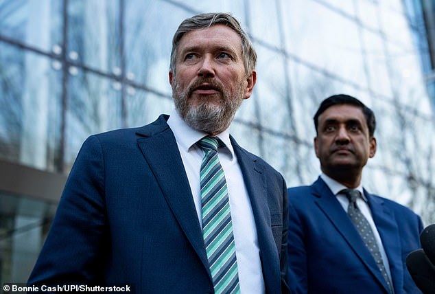 Republican Representative Thomas Massie, and Democratic Representative Ro Khanna, of California, the co-authors of the Epstein Files Transparency Act, speak to reporters outside the Department of Justice offices in Washington, DC, on Monday, February 9, 2026