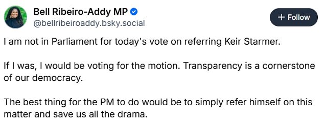 Bell Ribeiro-Addy said she was not in Parliament today, but would otherwise have voted for the probe