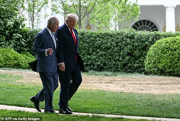 President Donald Trump walks with King Charles after their meeting in the Oval Office of the White House