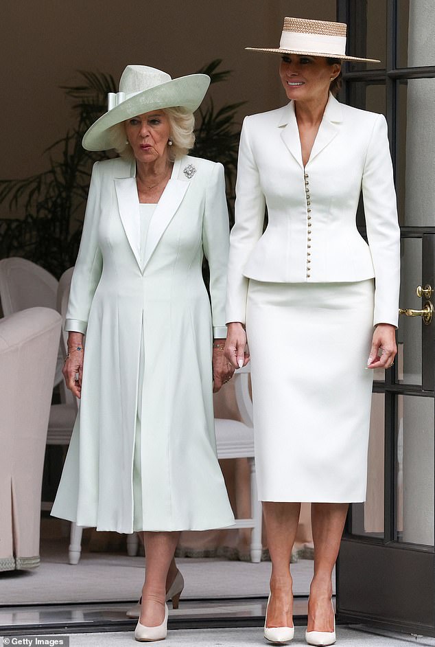 First lady Melania Trump and Britain's Queen Camilla attend a cross-cultural educational event at the White House Tennis Pavilion