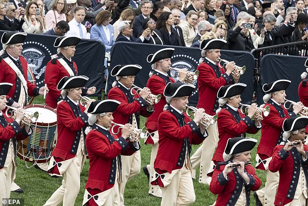 The United States Army Old Guard Fife and Drum Corps performs for US President Donald Trump