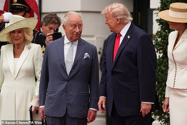 Donald Trump speaks to King Charles during the arrival ceremony on the South Lawn today