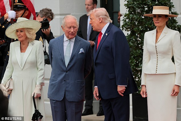 Donald Trump speaks to King Charles during the arrival ceremony on the South Lawn today