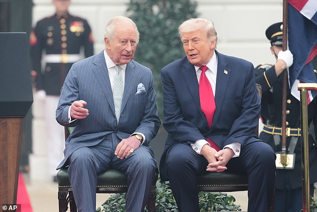 President Donald Trump and King Charles III seated on stage during the arrival ceremony