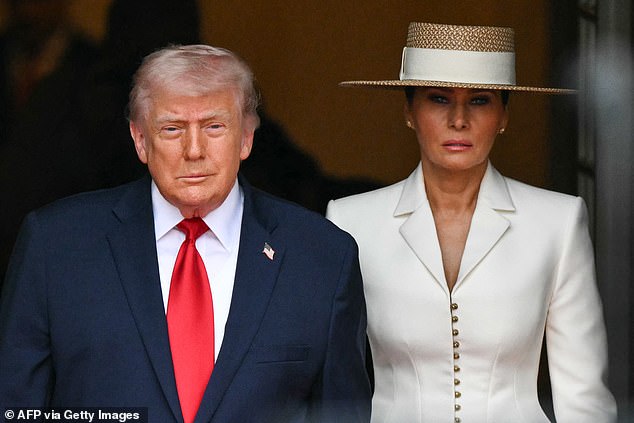 President Donald Trump and First Lady Melania Trump walk out to greet King Charles III