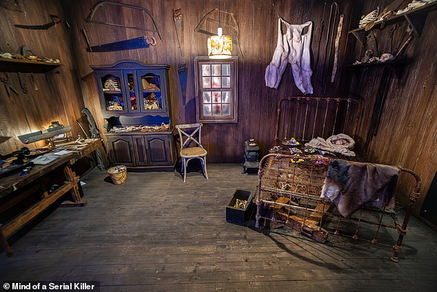 A replica of Ed Gein’s workshop where a woman’s bodysuit is pinned up on the walls, a nipple belt dangles from a shelf and bowls made out of human skulls sit on tables