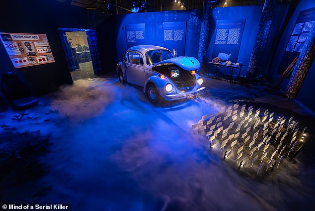 In one room of the exhibition, visitors can see a replica of Ted Bundy's VW Beetle, with the passenger seat and inside door handle removed