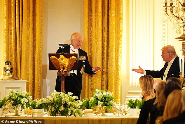 King Charles presents President Trump with the bell from HMS Trump at the state dinner
