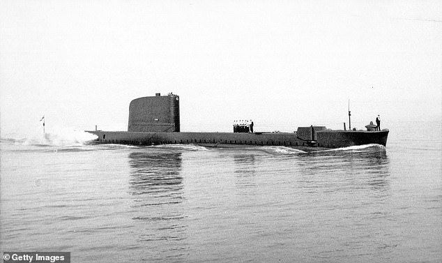 British Royal Navy submarine HMS Trump at sea in an undated photograph. It launched in 1944