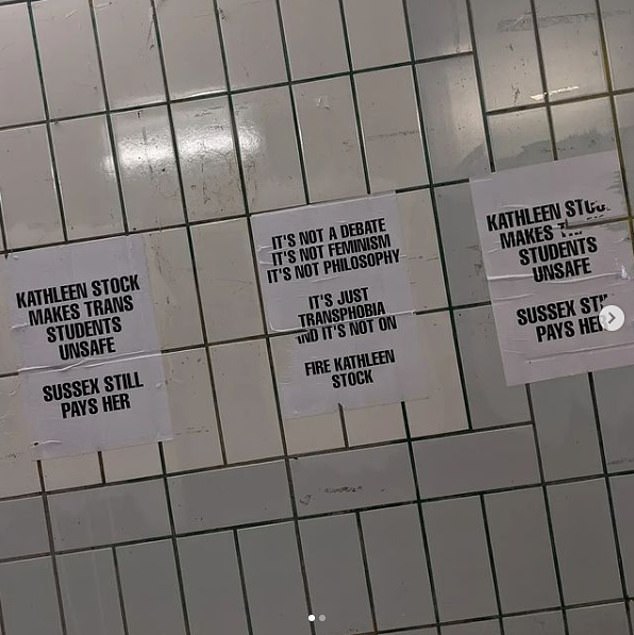 Posters put up in the tunnel from Falmer station to the University of Sussex's campus said Professor Stock 'makes trans students unsafe' and 'we're not paying £9,250 a year for transphobia'