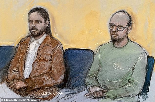 A court sketch of Jamie Varley (left) and his partner John McGowan-Fazakerley (right)