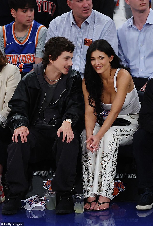 Jenner and Chalamet - who were first romantically linked in April 2023 - were smiling as they chatted courtside