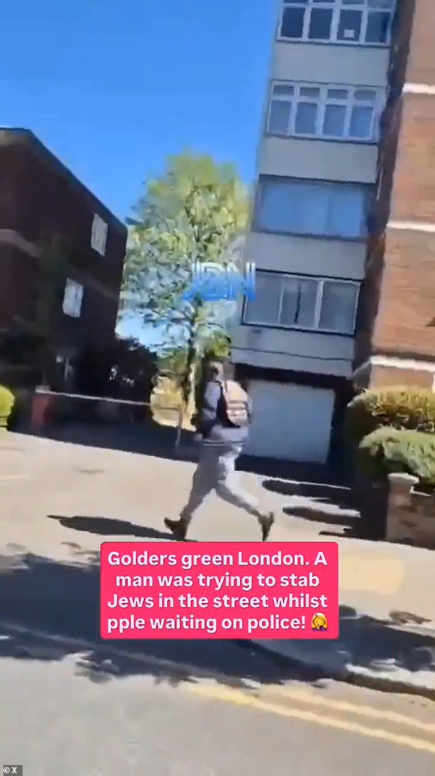 Natalie Mahalla, 31, from Hendon, north London, was pushing her one-year-old son in a pram when two Israeli men shouted from their car to warn her the alleged attacker (pictured) was charging towards her