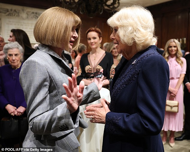 Queen Camilla speaks with British Global Editorial Director of Vogue Anna Wintour at a literacy event at the New York Public Library in New York, on April 29, 2026