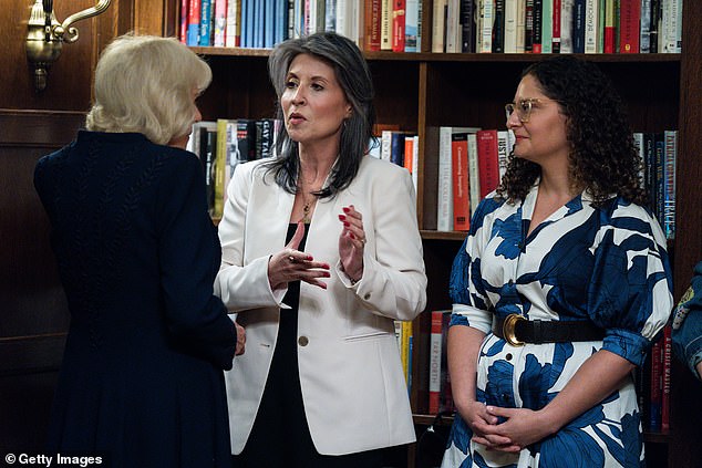 ueen Camilla speaks with representatives of domestic violence charities at a literacy event at The New York Public Library