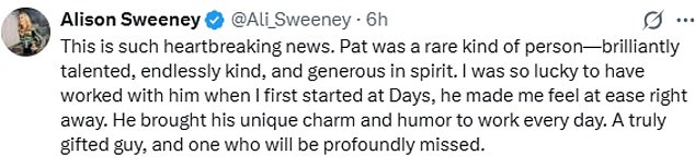 The actor's co-stars led tributes on Monday. Alison Sweeney who starred alongside Muldoon on Days Of Our Lives wrote on X: 'This is such heartbreaking news'