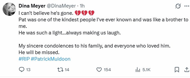 His Starship Troopers co-star Dina Meyer wrote: 'I can't believe he's gone. Pat was one of the kindest people I've ever known and was like a brother to me'