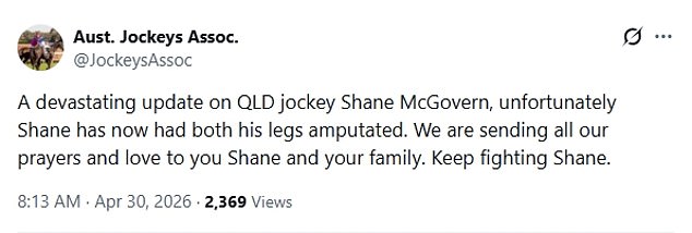 The Australian Jockeys Association confirmed the shattering news on X