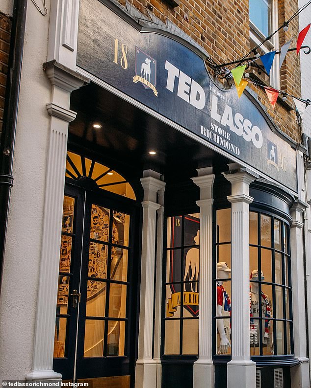 The two-storey Ted Lasso store which has opened on narrow Paved Court in a bid to capitalise on the thousands of TV fans who make a pilgrimage here to spy the show's locations