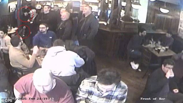 The 19-year-old (circled above) can be seen standing near customers for a short period before quickly making his bid to snatch the bag before exiting the Albion Pub on New Bridge Street