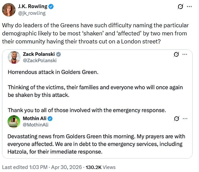 JK Rowling criticised the Greens Party's leadership for failing to mention Jewish in their statements