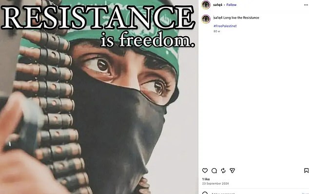 Saiqa Ali was found to have allegedly posted an image of an armed man wearing a Hamas headband under the phrase 'resistance is freedom'