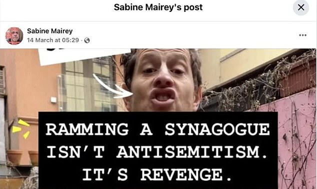 Sabine Mairey has been accused of posting anti-Semitic content online, including the above