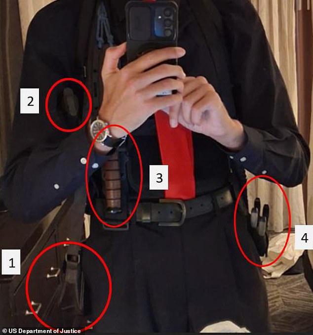 1) Allen's leather ammunition bag. 2) A shoulder holster. 3) A sheathed knife. 4) Pliers and wire cutters