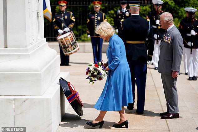 Queen Camilla lays a bouquet of flowers -- Arlington National Cemetery, Virginia, April 30, 2026