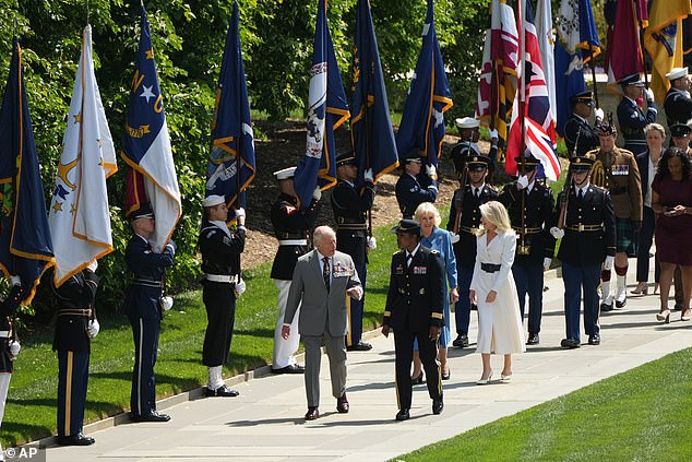 Charles and Camilla are accompanied by Maj. Gen. Antoinette Gant and Chief of Protocol Monica Crowley to lay a wreath at the Tomb of the Unknown Soldier -- April 30, 2026