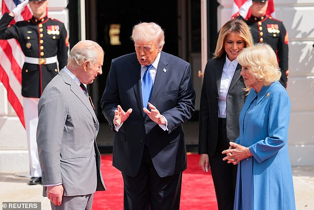 Mr Trump chats with Charles and Camilla alongside a smiling Melania. It was the final of five meetings between the King and the US President -- April 30, 2026