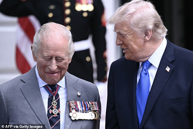 President Trump and Charles share a smile. The warmth between the two men has been visible during the King's State Visit -- April 30, 2026
