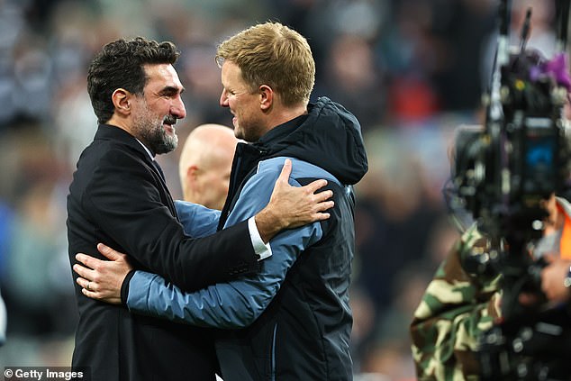 There was plenty on the agenda for Al-Rumayyan and head coach Eddie Howe (right), who has presided over a disappointing Premier League campaign