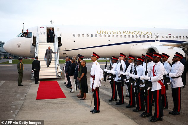 The monarch touched down at L.F. Wade International Airport aboard the UK government's VIP Airbus A321neo