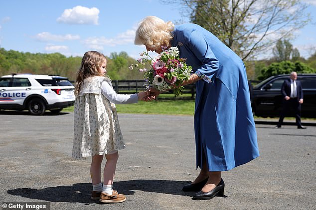 Queen Camilla is presented flowers by Violet Marek as she arrives at Smitten Farm on the final day of the state visit