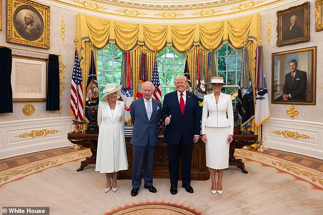 President Donald Trump and First Lady Melania Trump greet King Charles III and Queen Camilla in the Oval Office on their four-day state visit