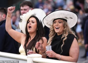 Racegoers react during the William Hill Handicap Chase on Grand National Day of the Randox Grand National Festival 2026 at Aintree Racecourse. Picture date: Saturday April 11, 2026. PA Photo. Photo credit should read: Mike Egerton/PA Wire.RESTRICTIONS: Use subject to restrictions. Editorial use only, no commercial use without prior consent from rights holder.
