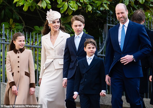 Prince Louis was last seen in public when he joined Prince William (far right), siblings Prince George and Princess Charlotte (far left) and mother Kate for the Easter Sunday service at St George's Chapel in Windsor