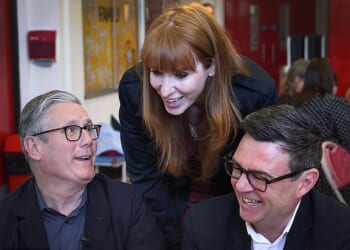 Sir Keir Starmer, Angela Rayner and Andy Burnham at Holy Trinity Primary School in Ashton-under-Lyne, Greater Manchester