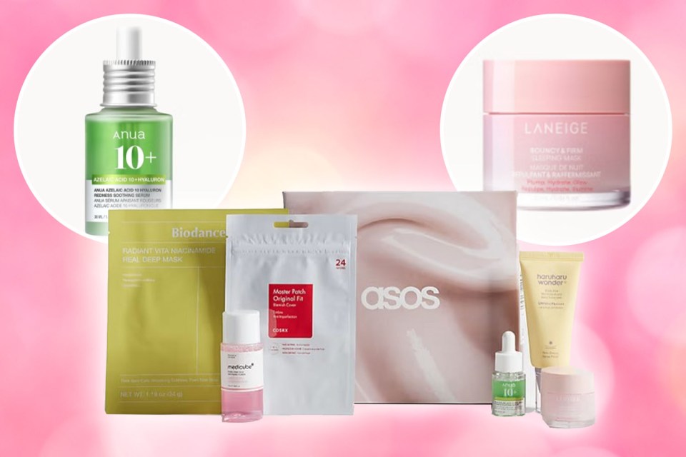 Collage of various beauty products on a pink background.