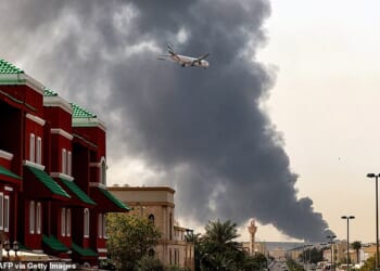 A plane flying through a plume of smoke after a fire broke out at Dubai International Airport