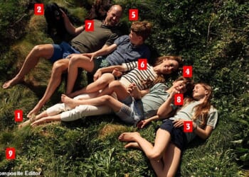 1. The family going barefoot; 2. The dogs; 3. Charlotte's nail polish; 4. Cornwall holiday which captured Louis' birthday portrait; 5. Tall Prince George; 6; Kate's sophisticated £417 ensemble; 7. William's laidback £90 polo; 8. Siblings wearing matching colours; 9. The family captured by their favourite photographer