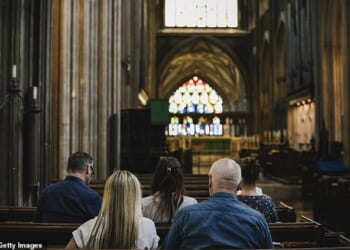 Churchgoers sitting in the pew. The research from the Pew Research Centre, a think-tank that specialises in religious trends, found that about 30 per cent of the British population no longer identifies with the Christian faith they were raised into