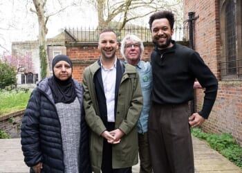 Zack Polanski with Stoke Newington ward candidates L to R: Ifhat Shaheen, Reiner Tegtmeyer, Jacob Cable