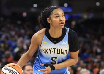 Angel Reese of the Chicago Sky dribbles the ball against the Connecticut Sun at Wintrust Arena on Sept. 3, 2025, in Chicago, Illinois.