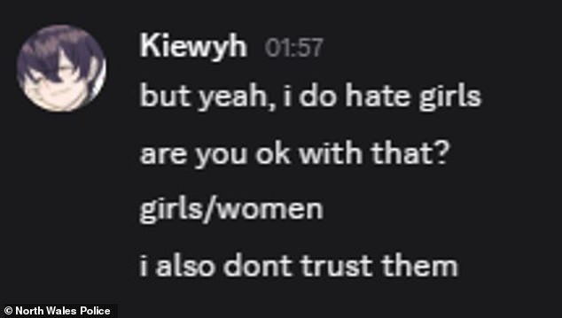 Roberts had previously posted misogynistic messages (pictured) and boasted of his chilling intent to kill on controversial chat forum Discord, which has been linked to other murders